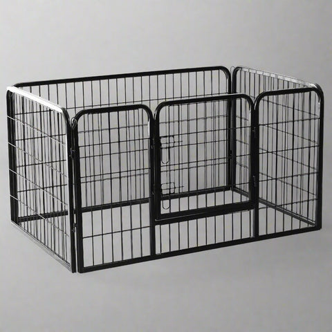 8-panel steel pet playpen outdoors on grass

4-panel indoor dog playpen for small pets

Close-up of pet enclosure with locking gate

Modular playpen panels arranged in circular shape

Folded pet playpen showing compact storage