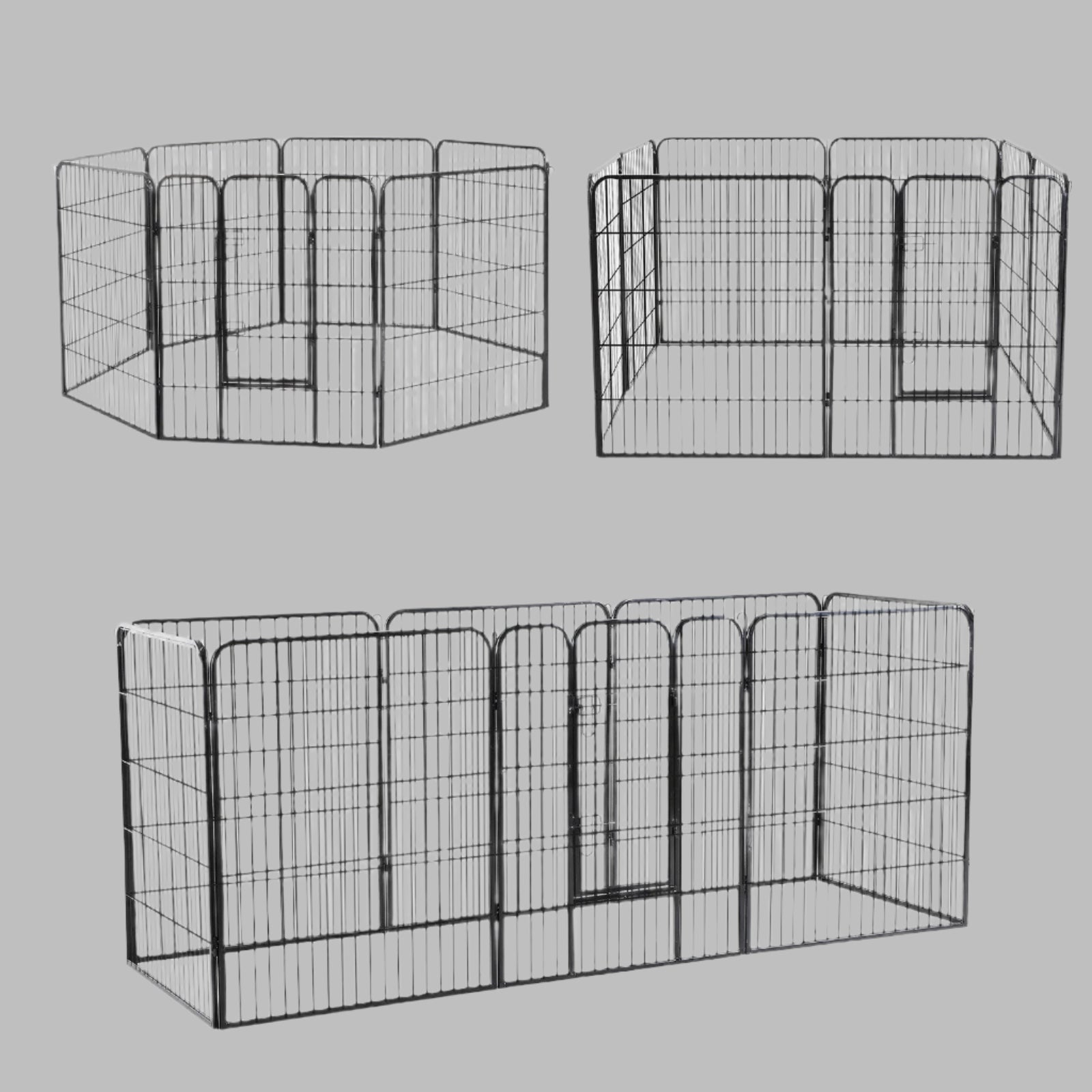 8-panel steel pet playpen outdoors on grass

4-panel indoor dog playpen for small pets

Close-up of pet enclosure with locking gate

Modular playpen panels arranged in circular shape

Folded pet playpen showing compact storage