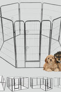 8-panel steel pet playpen outdoors on grass

4-panel indoor dog playpen for small pets

Close-up of pet enclosure with locking gate

Modular playpen panels arranged in circular shape

Folded pet playpen showing compact storage