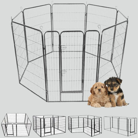 8-panel steel pet playpen outdoors on grass

4-panel indoor dog playpen for small pets

Close-up of pet enclosure with locking gate

Modular playpen panels arranged in circular shape

Folded pet playpen showing compact storage