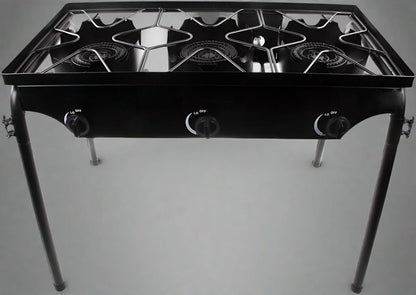 “Heavy-duty propane gas burner with regulator hose”
“Triple burner propane cooker for camping and patio use”