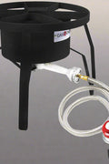 “Heavy-duty propane gas burner with regulator hose”
“Triple burner propane cooker for camping and patio use”