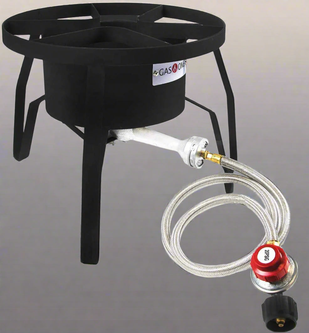 “Heavy-duty propane gas burner with regulator hose”
“Triple burner propane cooker for camping and patio use”