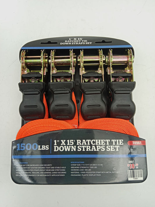 Heavy Duty Ratchet Tie Down Straps & Bungee Cord Set – 2Pc 1-1/4" × 16", 4Pc 1" × 15", 2Pc 1" × 10' with 16Pc Bungee Cords - with 4Pc 1" x 15' | Sold by Uncle Wiener's Wholesale