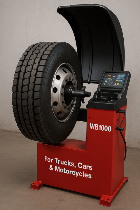 WB1000 red tire balancer machine front view

Semi truck tire on heavy-duty balancer machine

Tire balancing equipment for truck and car shops