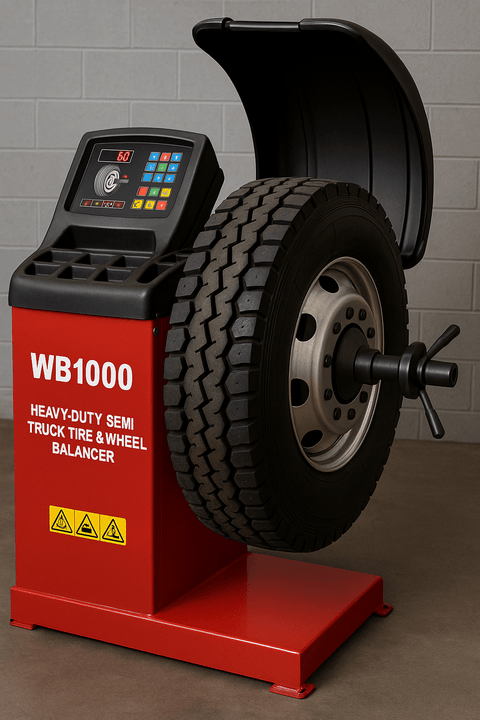 WB1000 red tire balancer machine front view

Semi truck tire on heavy-duty balancer machine

Tire balancing equipment for truck and car shops