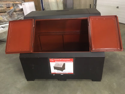 “Top view of black steel garbage incinerator fire pit with vent holes”

“Steel incinerator box with forklift access and reinforced lid”

“High-efficiency vented garbage burner with heavy-duty design”

“Open view of fire pit incinerator showing internal air grates”

“Steel waste disposal incinerator with front-loading forklift pockets”