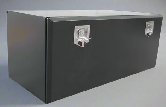 “Black steel underbody truck tool box with compression latch”
• “Weather-sealed steel tool box for work truck storage”
• “Multiple-size truck-mounted underbody storage box”