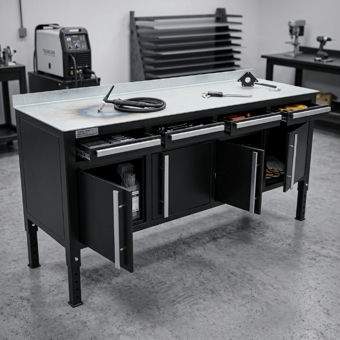 Heavy - Duty Steel Welding Table & Tool Bench – Industrial Workbench with Storage Drawers - Tool Benches & Workstations with Black | Sold by Uncle Wiener's Wholesale