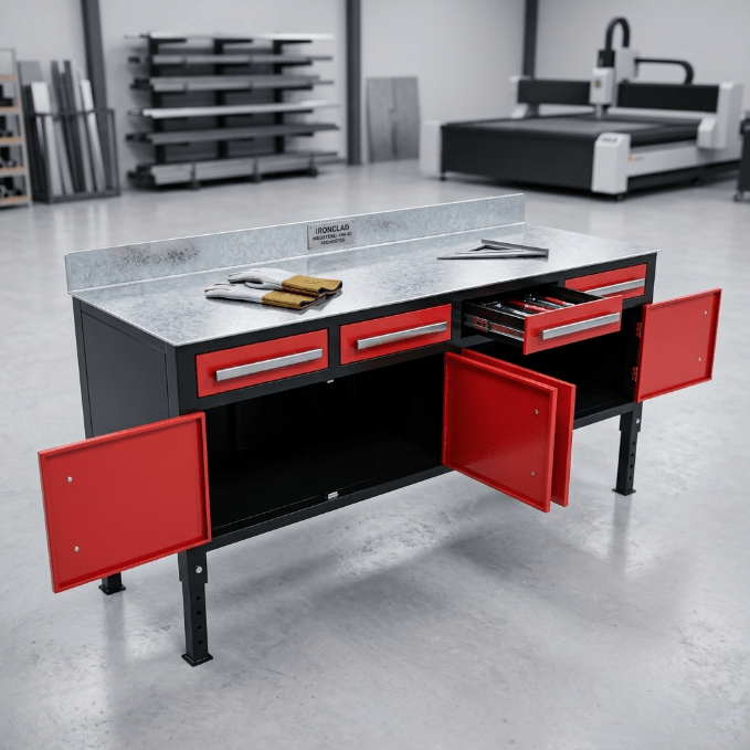 Heavy - Duty Steel Welding Table & Tool Bench – Industrial Workbench with Storage Drawers - Tool Benches & Workstations with Red | Sold by Uncle Wiener's Wholesale