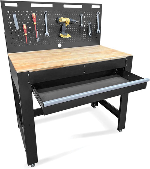 Heavy - Duty Steel Workbench with Power Strip, Drawer & Pegboard – Model WT006B - with | Sold by Uncle Wiener's Wholesale