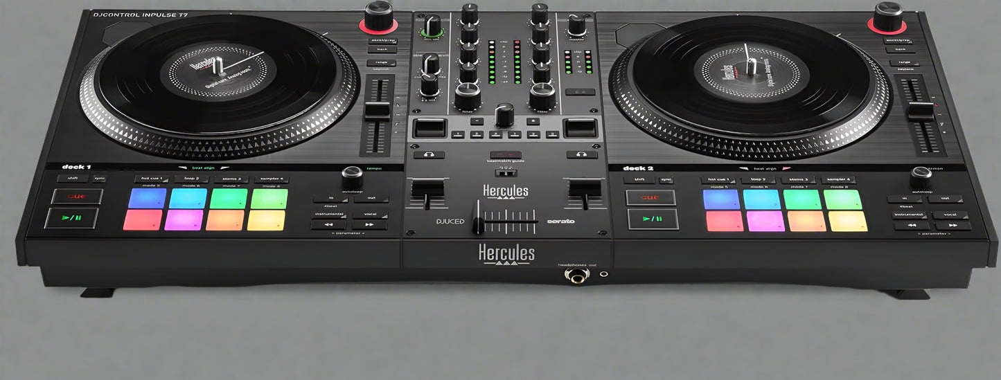 Hercules DJControl Inpulse T7 full controller top-down view

Close-up of motorized jog wheel and fader section

Controller in action with RGB pads lit

Rear I/O port layout and connections