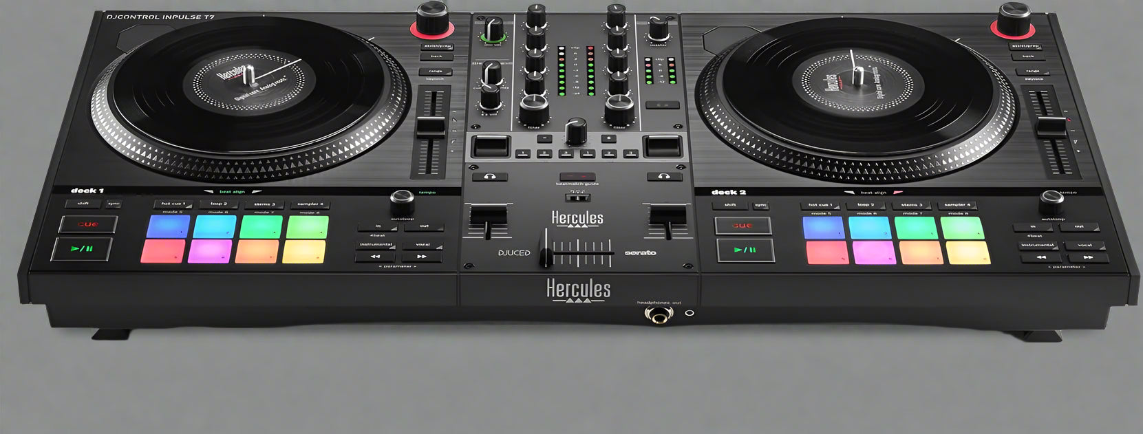 Hercules DJControl Inpulse T7 full controller top-down view

Close-up of motorized jog wheel and fader section

Controller in action with RGB pads lit

Rear I/O port layout and connections