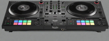 Hercules DJControl Inpulse T7 full controller top-down view

Close-up of motorized jog wheel and fader section

Controller in action with RGB pads lit

Rear I/O port layout and connections