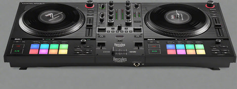 Hercules DJControl Inpulse T7 full controller top-down view

Close-up of motorized jog wheel and fader section

Controller in action with RGB pads lit

Rear I/O port layout and connections