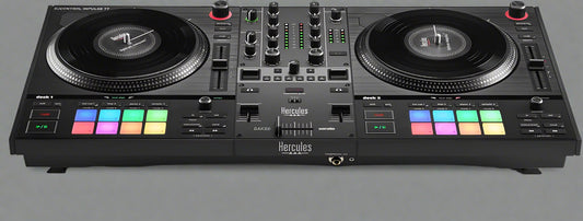 Hercules DJControl Inpulse T7 full controller top-down view

Close-up of motorized jog wheel and fader section

Controller in action with RGB pads lit

Rear I/O port layout and connections