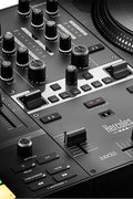 Hercules DJControl Inpulse T7 full controller top-down view

Close-up of motorized jog wheel and fader section

Controller in action with RGB pads lit

Rear I/O port layout and connections