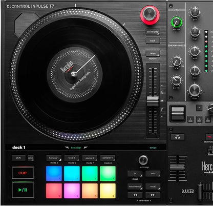 Hercules DJControl Inpulse T7 full controller top-down view

Close-up of motorized jog wheel and fader section

Controller in action with RGB pads lit

Rear I/O port layout and connections