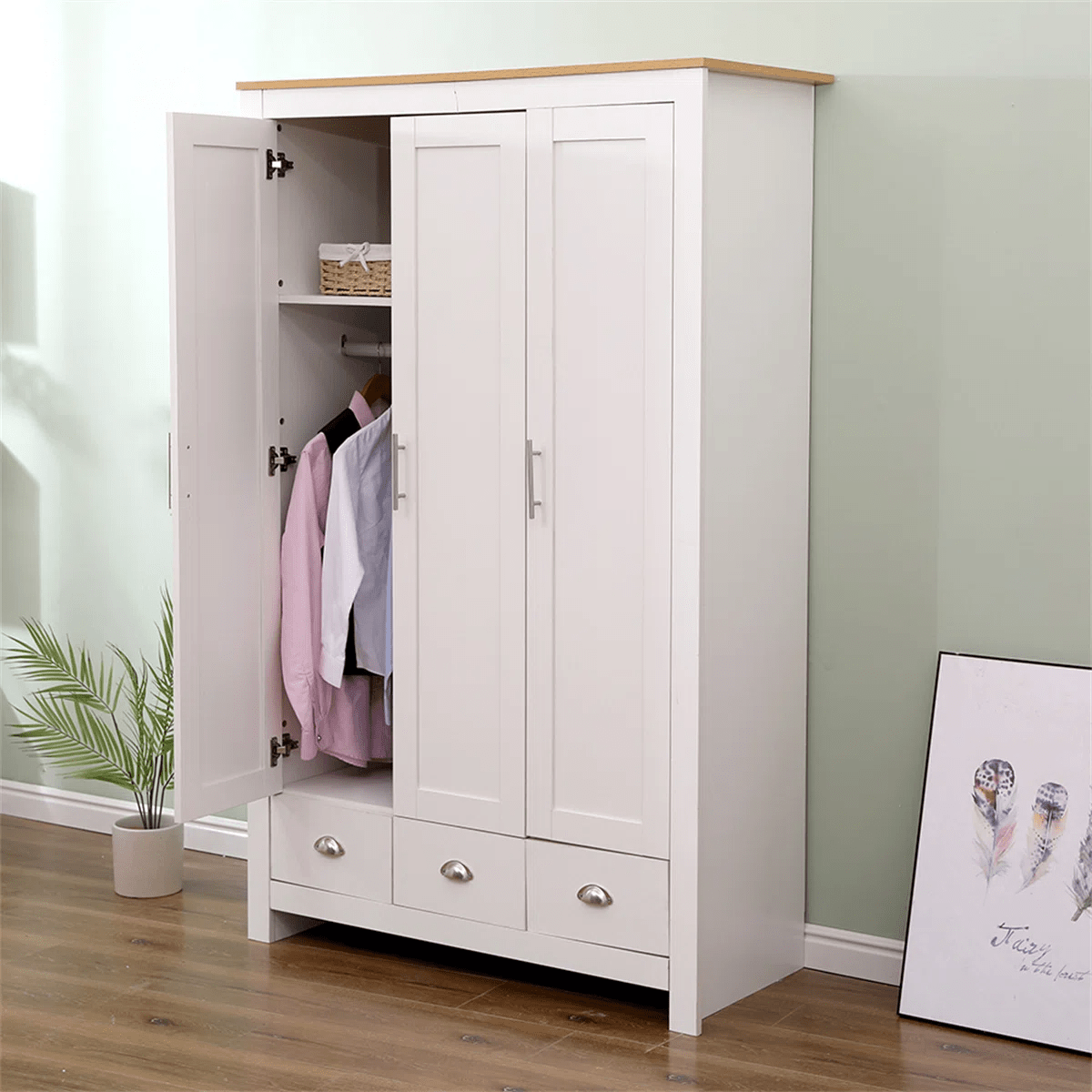 Heritage 3 - Door 3 - Drawer Wardrobe Cabinet – White & Oak Finish – WD001W - with | Sold by Uncle Wiener's Wholesale
