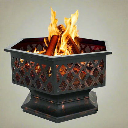 Hexagon wood burning fire pit lit outdoors for backyard warmth