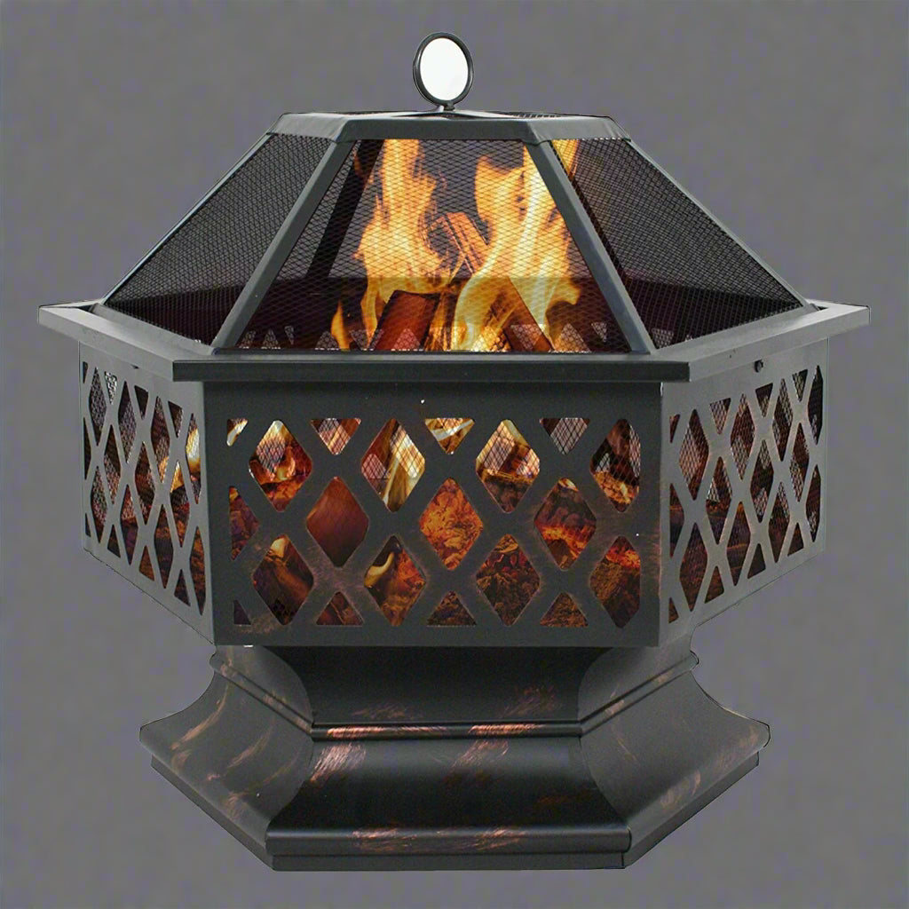 Closeup of heavy-duty mesh screen panels on hexagon fire pit