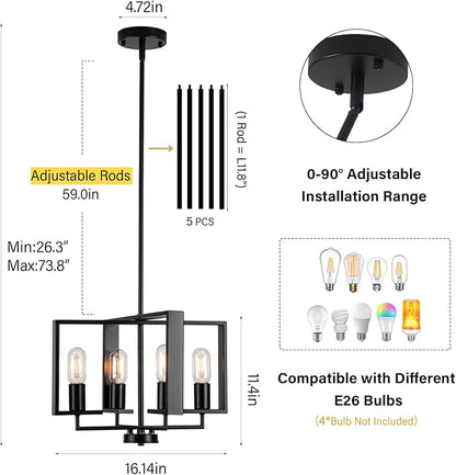 HFYOXK 4-Light Farmhouse Chandelier – 16.14" Black Industrial Pendant Ceiling Light with Adjustable Height for Dining Room, Kitchen Island & Entryway - Furniture with | Sold by Uncle Wiener's Wholesale