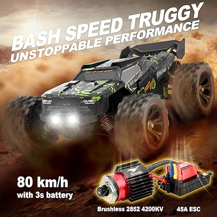 High-Speed 1:10 RC Off-Road Truck Racing at 80 km/h with LED Lights