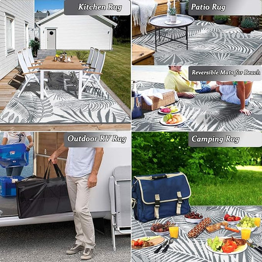 HiiARug Outdoor Rug Waterproof Reversible Patio Mat with Carry Bag - with Palm leaf (gray) | Sold by Uncle Wiener's Wholesale