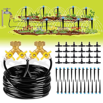 HIRALIY 98.4 FT Micro Drip Irrigation Kit – Automatic Garden Watering System with 1/4" Tubing, Adjustable Emitters & Brass Splitter - Garden & Landscaping with | Sold by Uncle Wiener's Wholesale