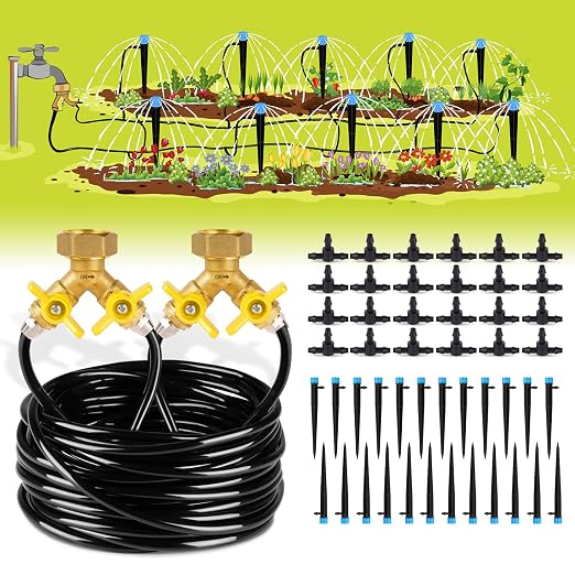 HIRALIY 98.4 FT Micro Drip Irrigation Kit – Automatic Garden Watering System with 1/4" Tubing, Adjustable Emitters & Brass Splitter - Garden & Landscaping with | Sold by Uncle Wiener's Wholesale