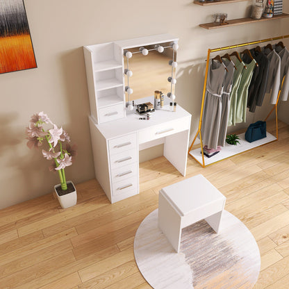 White Hollywood Vanity Set with LED Mirror, Drawers, and Padded Stool