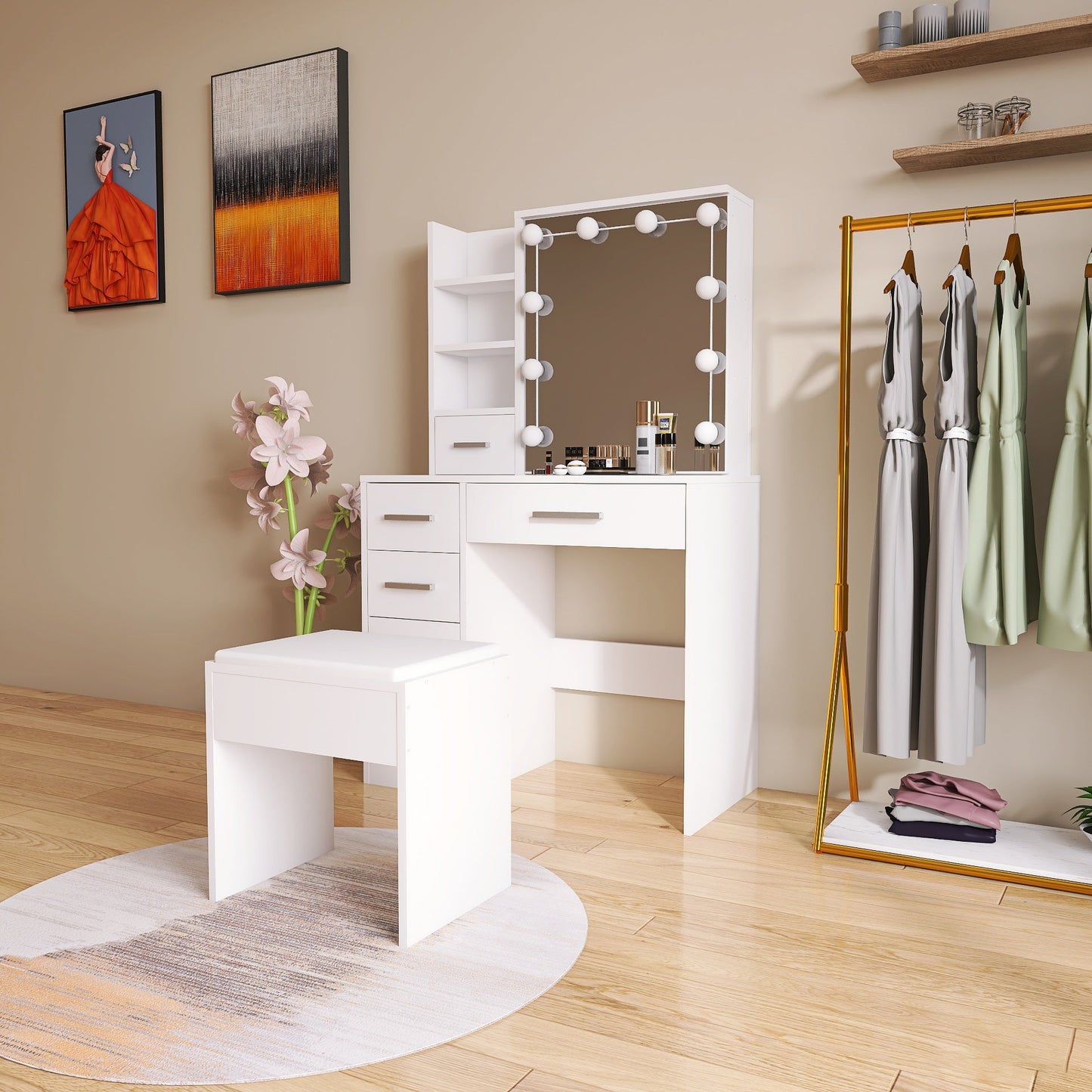 White Hollywood Vanity Set with LED Mirror, Drawers, and Padded Stool