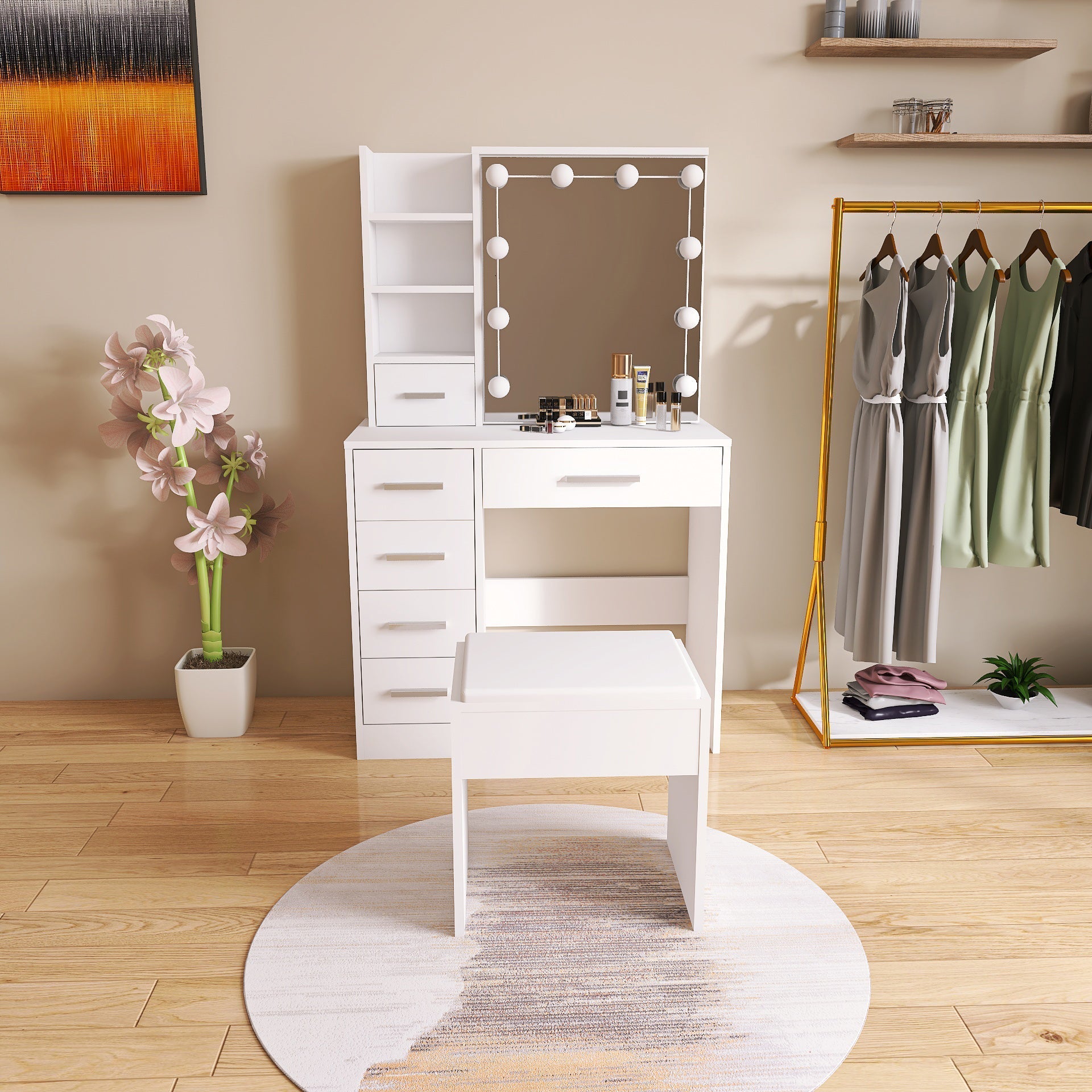 White Hollywood Vanity Set with LED Mirror, Drawers, and Padded Stool