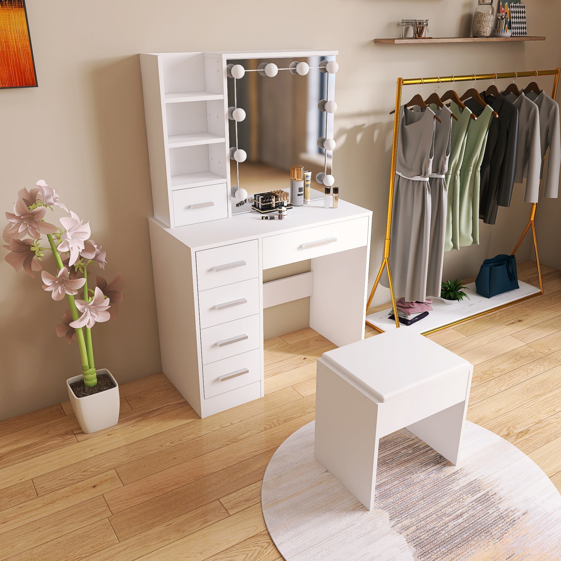 White Vanity Set with Mirror, Lights & Stool | HDT025W Uncle Wiener's Wholesale White Vanity Set with Mirror, Lights & Stool | HDT025W Uncle Wiener's Wholesale