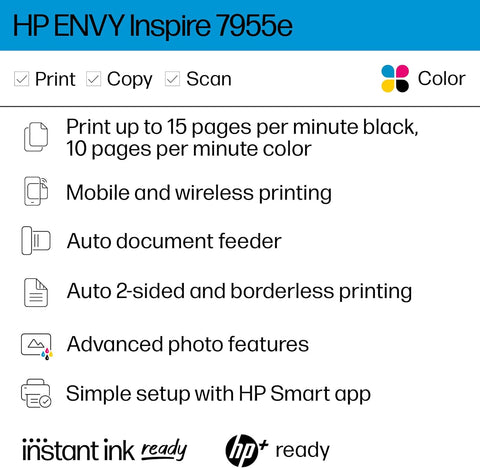 HP ENVY Inspire 7900e Wireless Color Inkjet Printer, Print, scan, copy, Easy setup, Mobile printing, Best - for home, 3 month Instant Ink trial included, White, no charging cord, used - with | Sold by Uncle Wiener's Wholesale