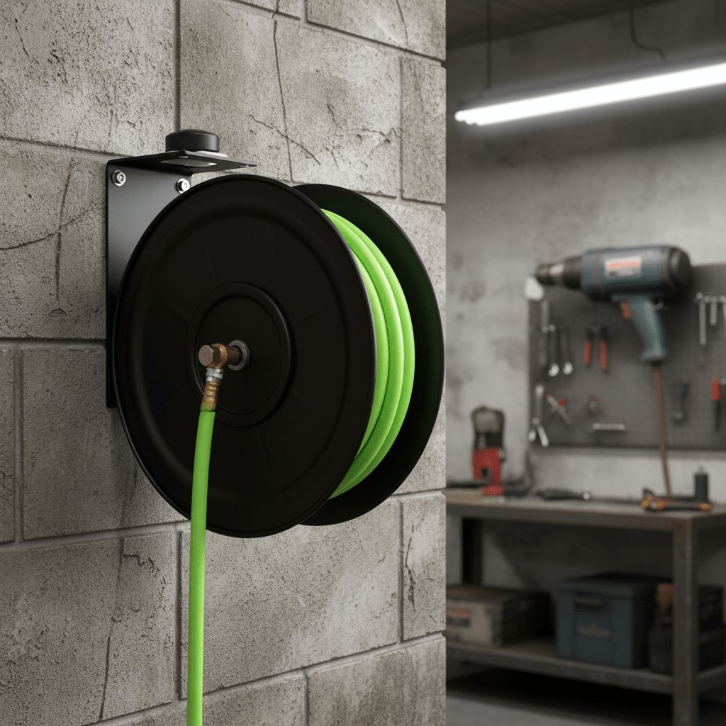 Hybrid Air Hose Reels | 1/2” & 3/8” Sizes - Furniture with 3/8″ Air Hose Reel 72138 | Sold by Uncle Wiener's Wholesale