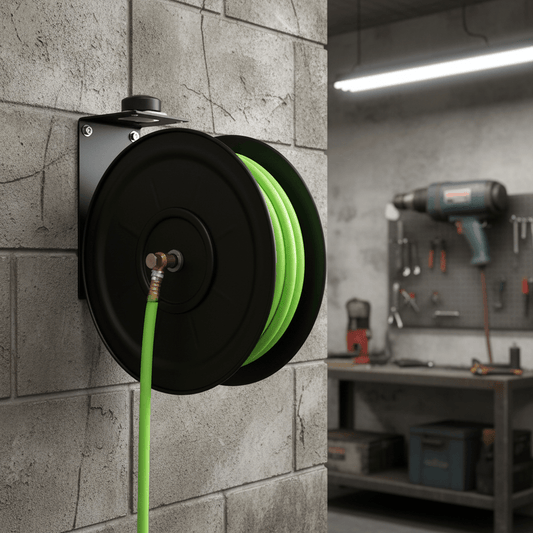Hybrid Air Hose Reels | 1/2” & 3/8” Sizes - Furniture with 3/8″ Air Hose Reel 72138 | Sold by Uncle Wiener's Wholesale