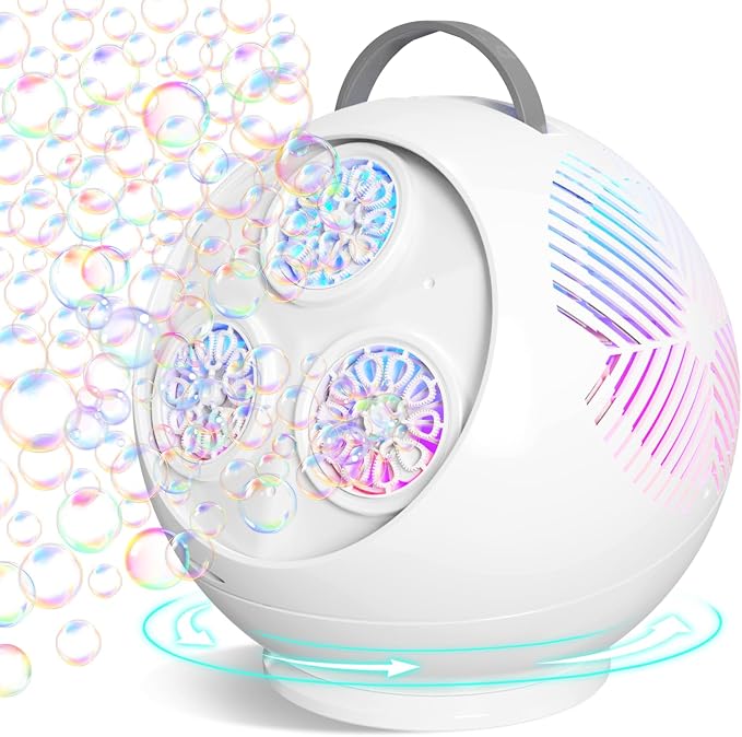 IFLOVE 360° Rotating Bubble Machine for Kids – Automatic LED Bubble Blower with 3 Bubble Wands, Rechargeable Spherical - Toys with | Sold by Uncle Wiener's Wholesale