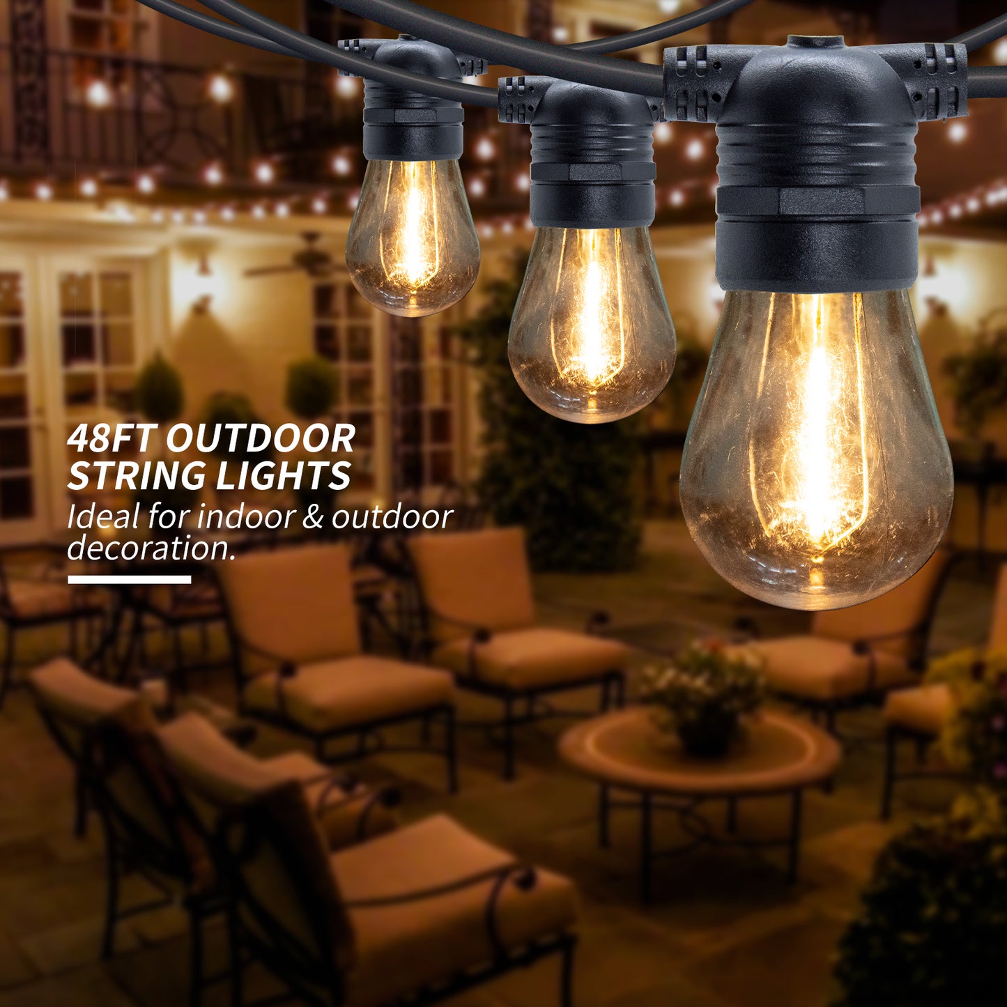 48ft + 6ft Solar LED String Lights Warm White Outdoor Patio Lights 16 or 24 Bulb Options HBSL54