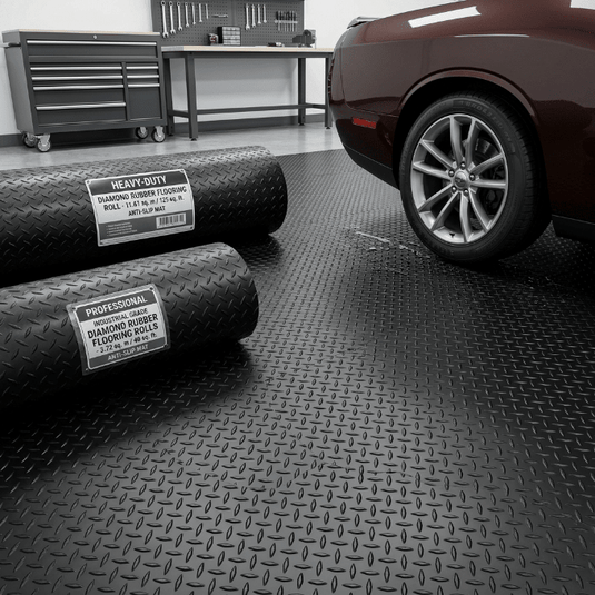 Industrial Grade Diamond Rubber Flooring Rolls – 40 SQFT & 125 SQFT - General Equipment with 4' X 10' RUBBER FLOORING DFR410 | Sold by Uncle Wiener's Wholesale