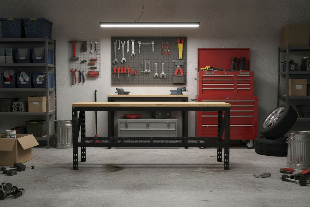 Industrial Packing Workbench – Heavy - Duty Steel Tool Bench with Hardwood Table Top for Warehouse or Workshop - Industrial Workbenches with 90" Work Bench | Sold by Uncle Wiener's Wholesale