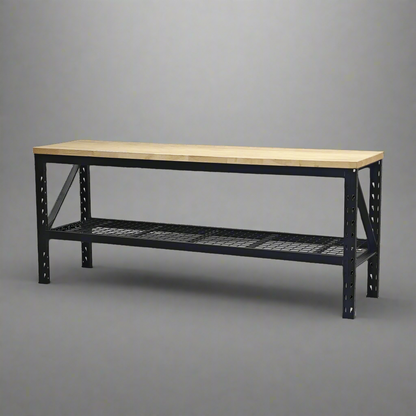 Black steel workbench with wood top in warehouse

60 inch industrial packing bench front view

90 inch heavy-duty steel tool bench top-down

Workbench with anti-slip feet and hardwood surface