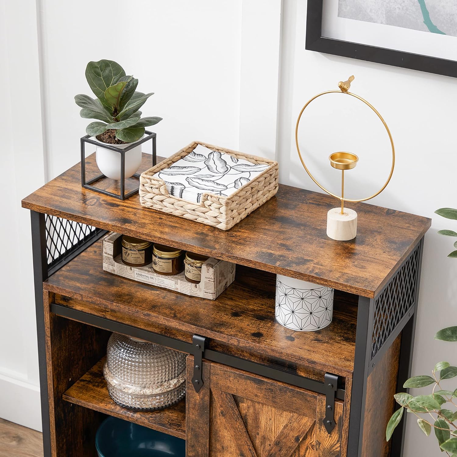 Industrial Storage Cabinet with Sliding Barn Door, Sideboard Buffet Cabinet with Adjustable Shelf and Open Storage for Entryway, Living Room, Kitchen and Office Rustic Brown and Black LSC089B01 - with | Sold by Uncle Wiener's Wholesale