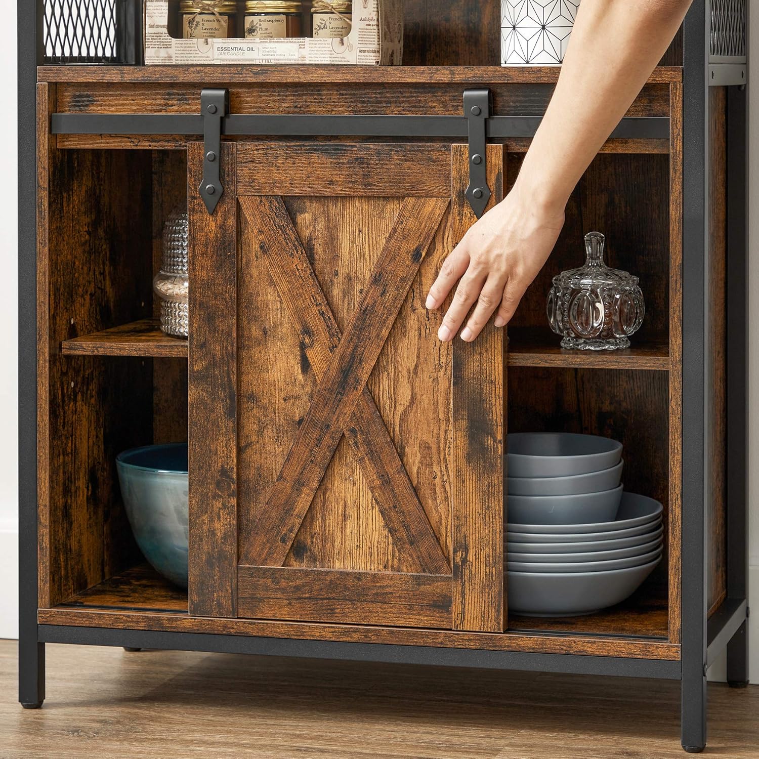 Industrial Storage Cabinet with Sliding Barn Door, Sideboard Buffet Cabinet with Adjustable Shelf and Open Storage for Entryway, Living Room, Kitchen and Office Rustic Brown and Black LSC089B01 - with | Sold by Uncle Wiener's Wholesale