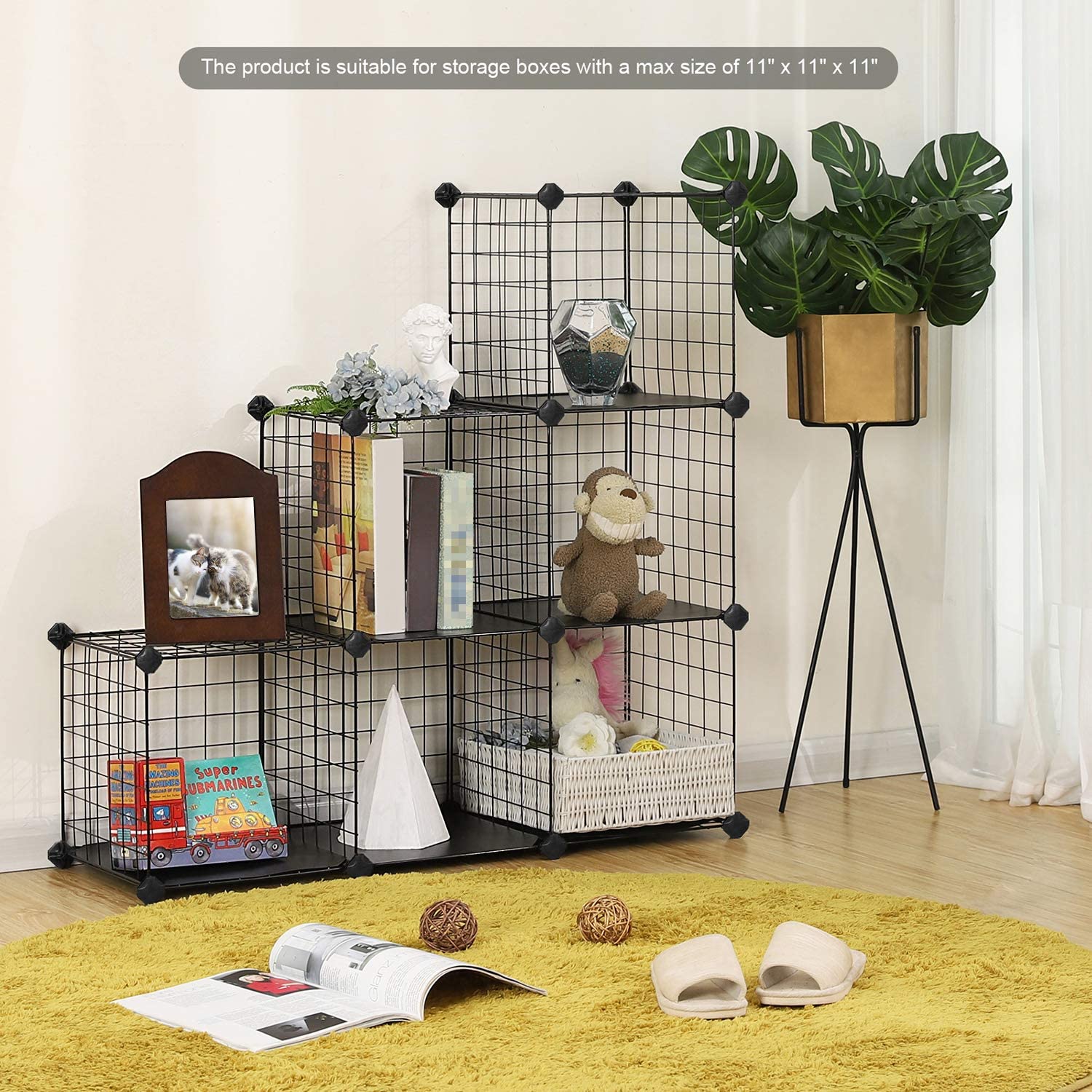 Industrial modern 6-cube storage organizer setup with household items