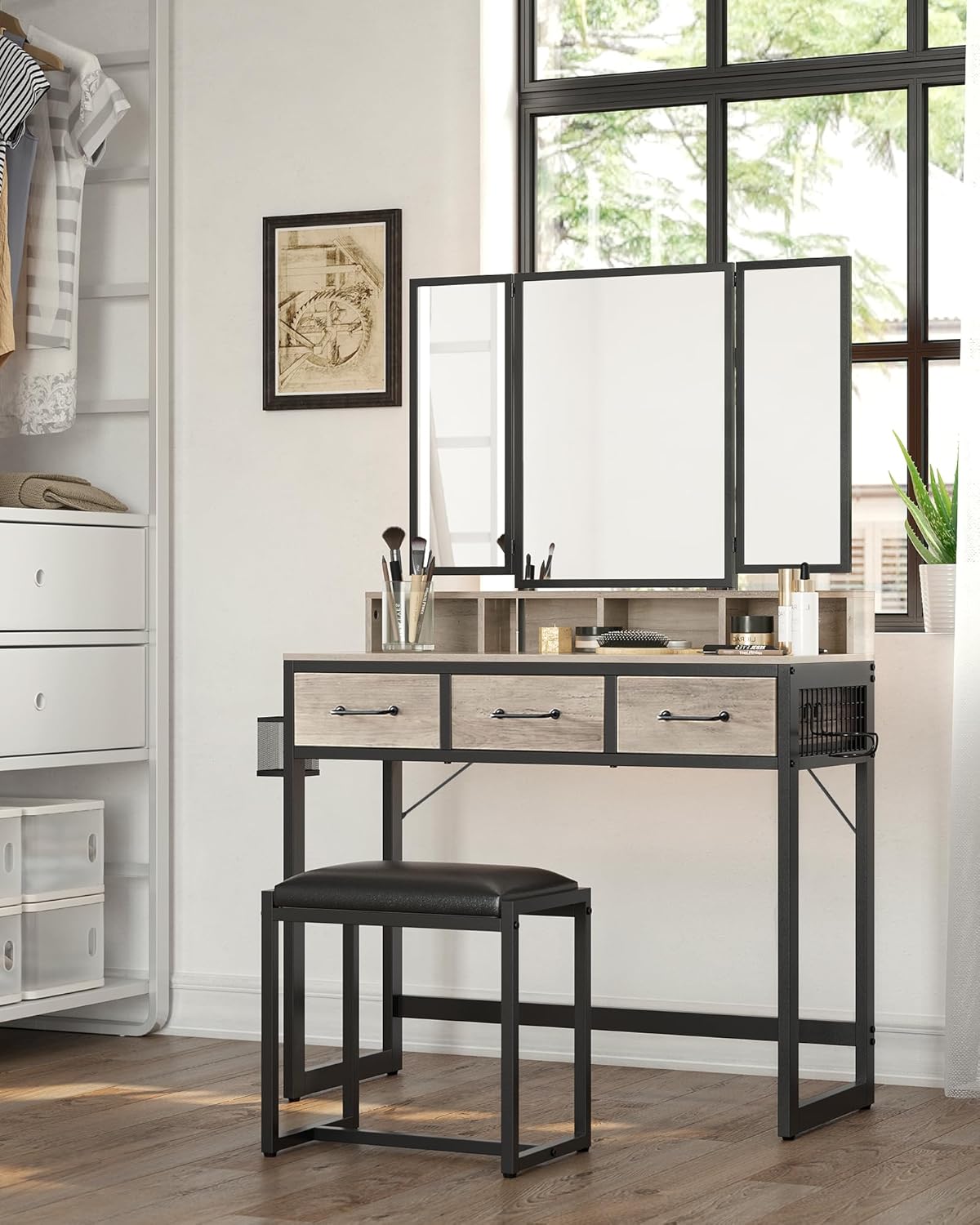 Industrial Vanity Table with 3-Panel Folding Mirror, 3 Drawers, Hair Dryer Holder and Upholstered Stool RVT004 Series - with Heather Greige | Sold by Uncle Wiener's Wholesale
