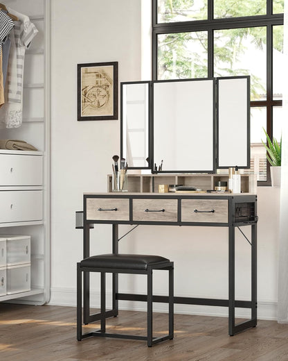 Industrial Vanity Table with 3-Panel Folding Mirror, 3 Drawers, Hair Dryer Holder and Upholstered Stool RVT004 Series - with Heather Greige | Sold by Uncle Wiener's Wholesale