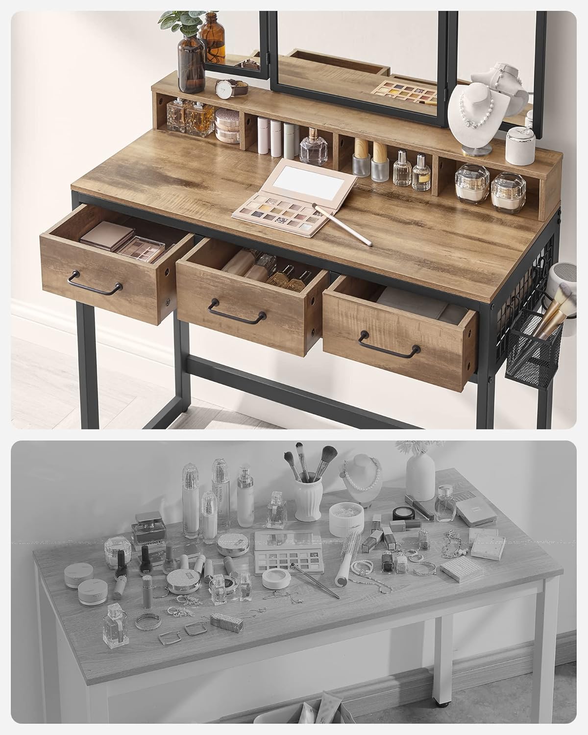 Industrial Vanity Table with 3-Panel Folding Mirror, 3 Drawers, Hair Dryer Holder and Upholstered Stool RVT004 Series - with Camel Brown | Sold by Uncle Wiener's Wholesale