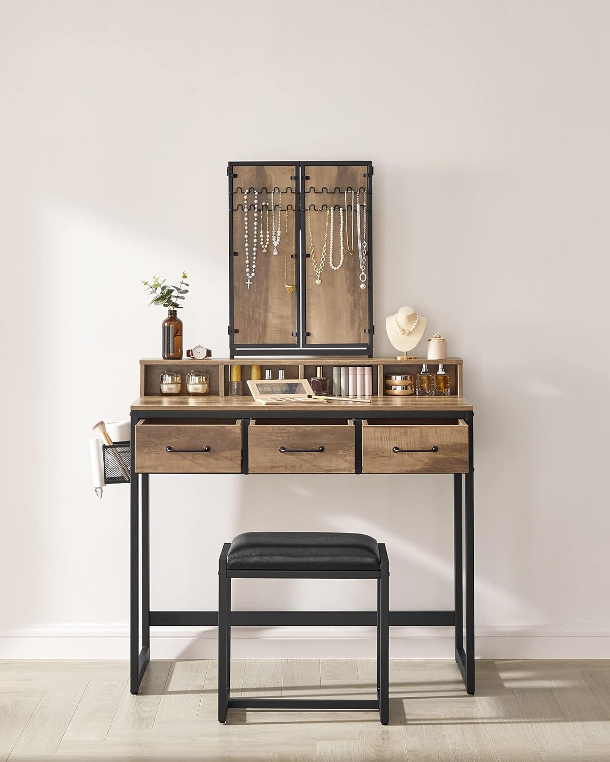 Industrial Vanity Table with 3-Panel Folding Mirror, 3 Drawers, Hair Dryer Holder and Upholstered Stool RVT004 Series - with Camel Brown | Sold by Uncle Wiener's Wholesale