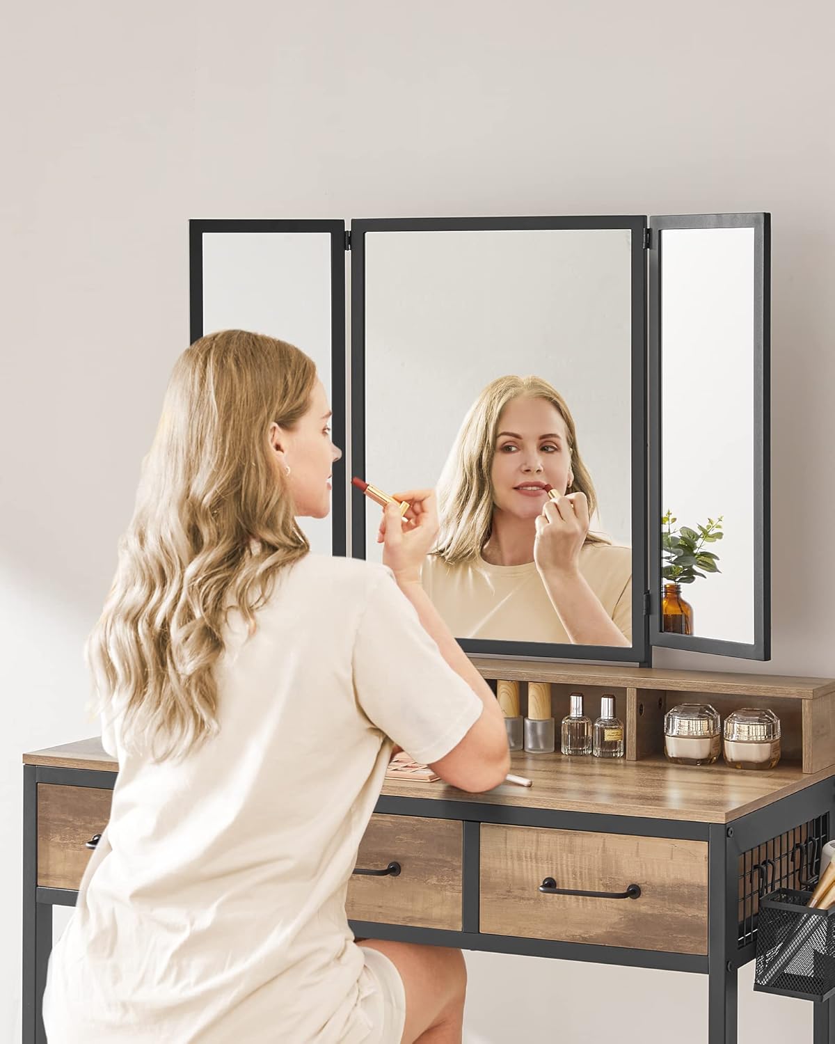 Industrial Vanity Table with 3-Panel Folding Mirror, 3 Drawers, Hair Dryer Holder and Upholstered Stool RVT004 Series - with Camel Brown | Sold by Uncle Wiener's Wholesale